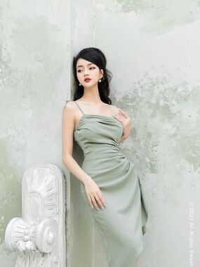 Elegant Sage Green Ruched Midi Dress with Spaghetti Straps